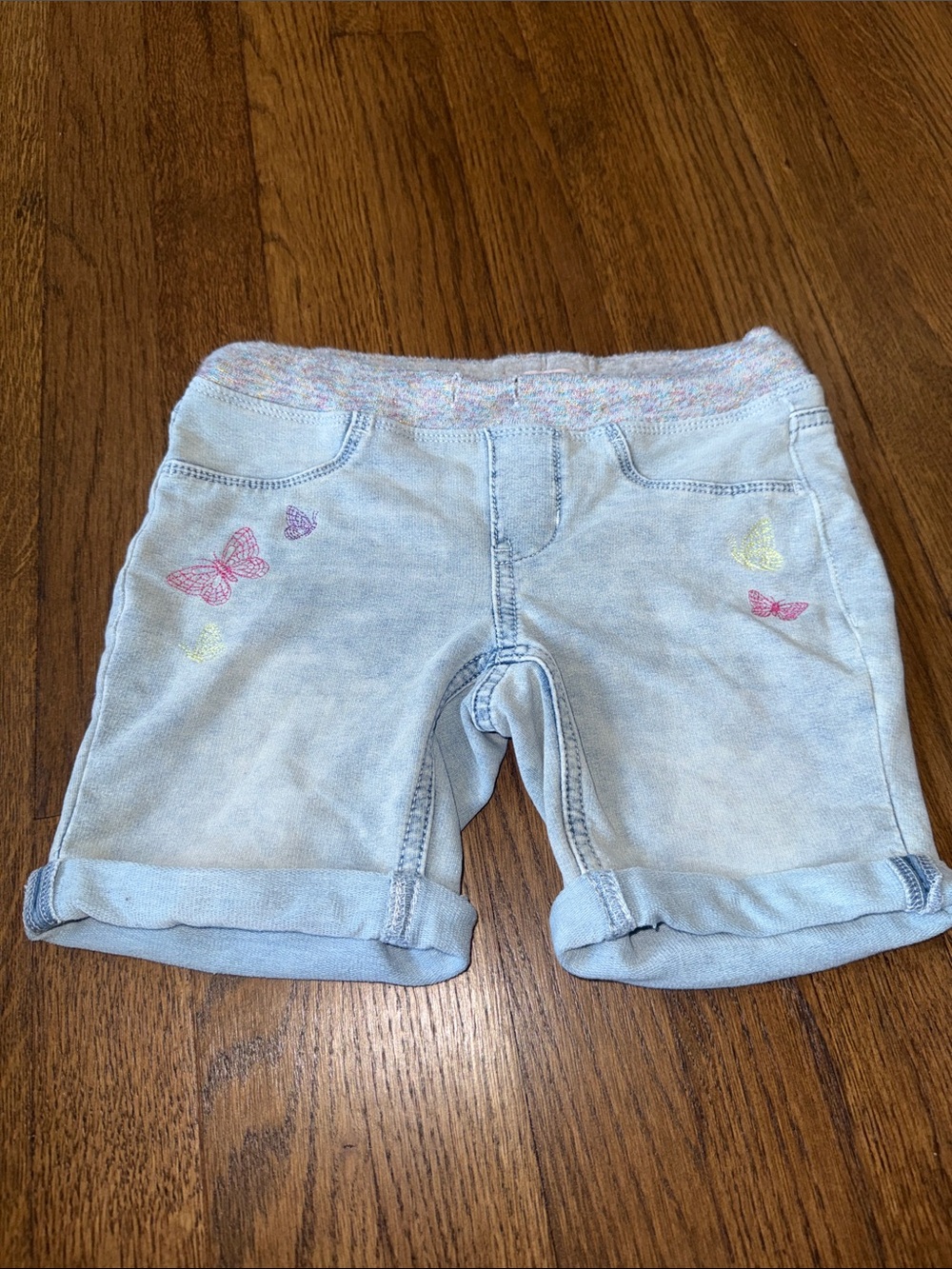 Girls Light Blue Butterfly Denim Shorts